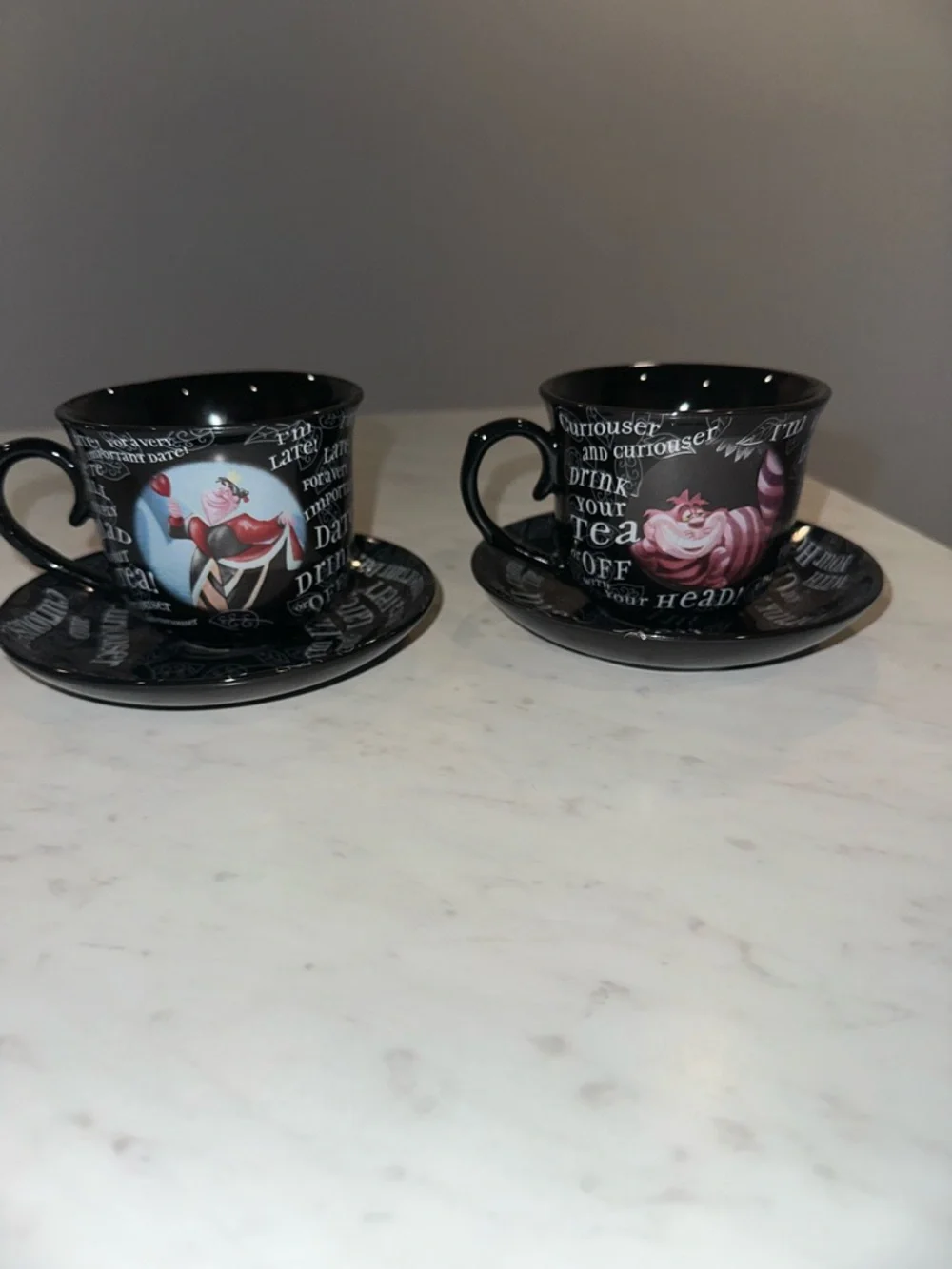 RARE!! New Disney Alice in Wonderland Black Teacup & Saucer Sets - 2 sided